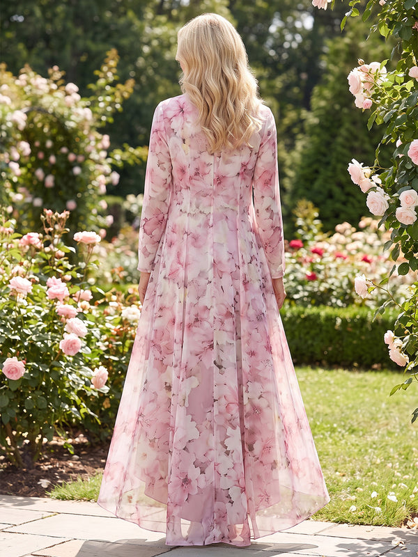 A-Line/Princess V-Neck Floral Print High-Low Mother of the Bride & Groom Dresses with Ruched Bodice