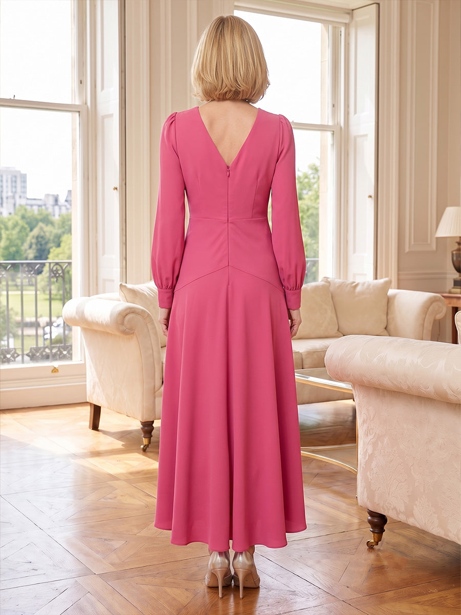 A-Line/Princess V-Neck Chiffon Tea-Length Mother of the Bride & Groom Dresses with Ruffles & Ruched Waist