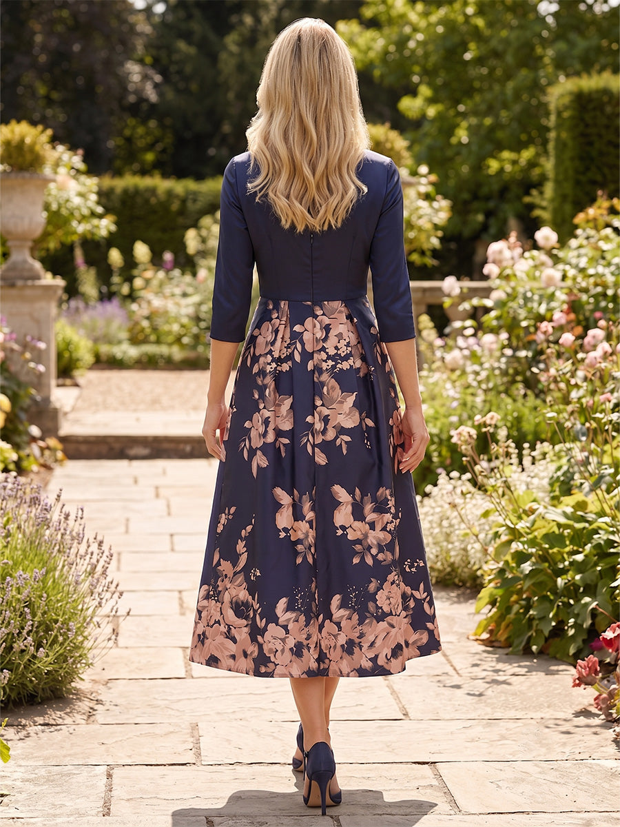 A-Line/Princess V-Neck Floral Print Tea-Length Mother of the Bride & Groom Dresses with Ruched Waist
