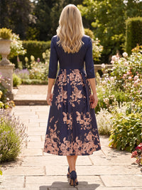 A-Line/Princess V-Neck Floral Print Tea-Length Mother of the Bride & Groom Dresses with Ruched Waist