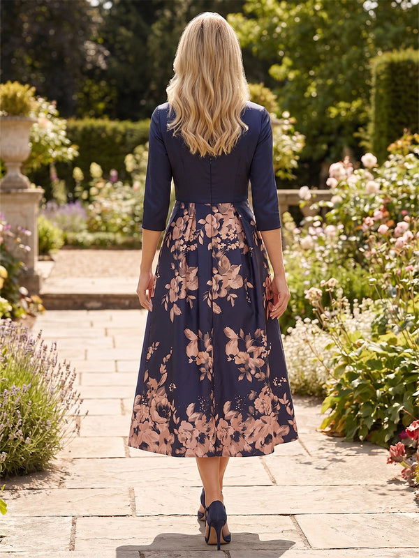 A-Line/Princess V-Neck Floral Print Tea-Length Mother of the Bride & Groom Dresses with Ruched Waist