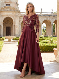 A-Line/Princess V-Neck Satin High-Low Mother of the Bride & Groom Dresses with Lace Appliques Bodice & Pleats