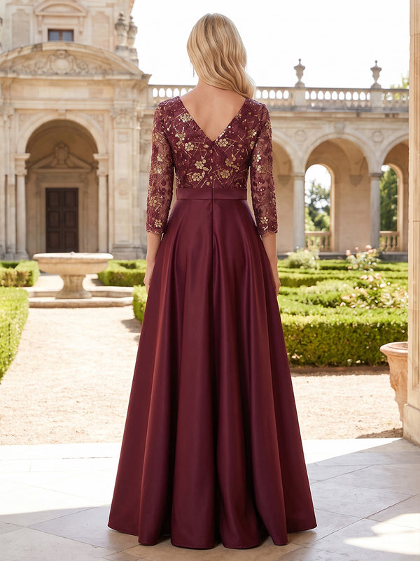 A-Line/Princess V-Neck Satin High-Low Mother of the Bride & Groom Dresses with Lace Appliques Bodice & Pleats