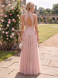 A-Line/Princess Halter Lace Appliques Floor-Length Mother of the Bride & Groom Dresses with Lace Appliques & Pleats
