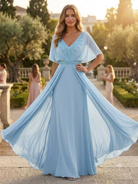 A-Line/Princess V-Neck Chiffon Floor-Length Mother of the Bride & Groom Dresses with Rhinestones & Pleats