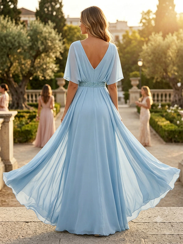 A-Line/Princess V-Neck Chiffon Floor-Length Mother of the Bride & Groom Dresses with Rhinestones & Pleats