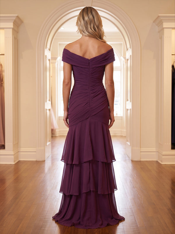 A-Line/Princess Off Shoulder Chiffon Floor-Length Mother of the Bride & Groom Dresses with Tiered Layers & Ruched Waist