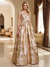 A-Line/Princess V-Neck Jacquard Floor-Length Mother of the Bride & Groom Dresses with Pleats & Belt