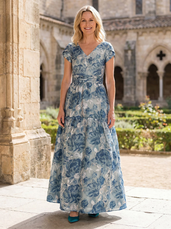 A-Line/Princess V-Neck Jacquard Floor-Length Mother of the Bride & Groom Dresses with Ruched Waist