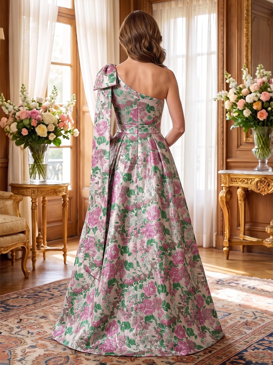 A-Line/Princess One Shoulder Jacquard Floor-Length Mother of the Bride & Groom Dresses with Ruched Waist & Pockets