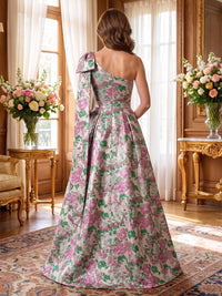 A-Line/Princess One Shoulder Jacquard Floor-Length Mother of the Bride & Groom Dresses with Ruched Waist & Pockets