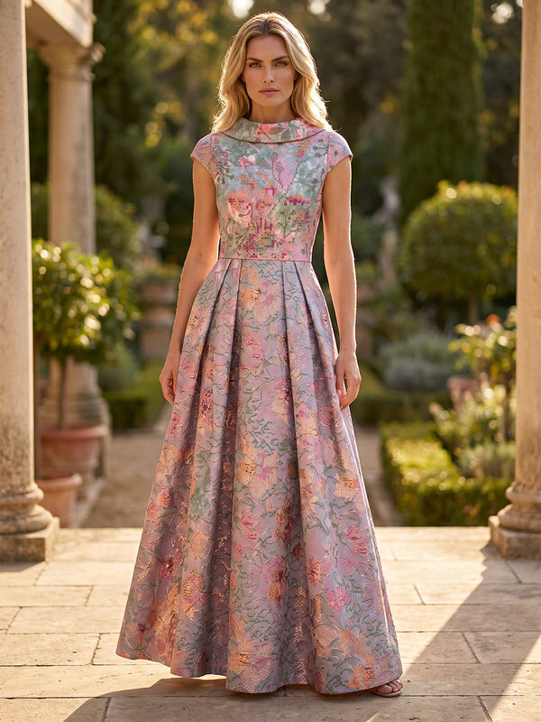A-Line/Princess Scoop Neck Jacquard Floor-Length Mother of the Bride & Groom Dresses with Pleats