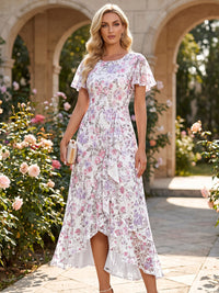 A-Line/Princess Scoop Neck Floral Print Tea-Length Mother of the Bride & Groom Dresses with Ruffles