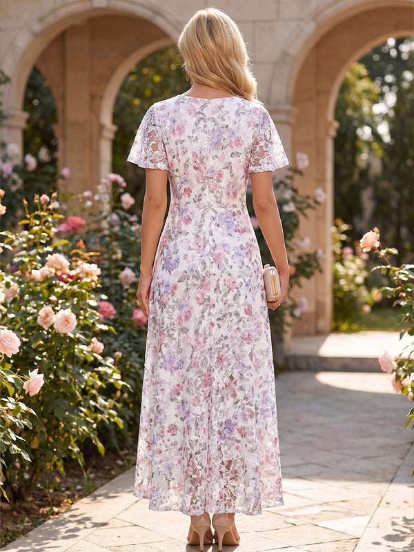 A-Line/Princess Scoop Neck Floral Print Tea-Length Mother of the Bride & Groom Dresses with Ruffles