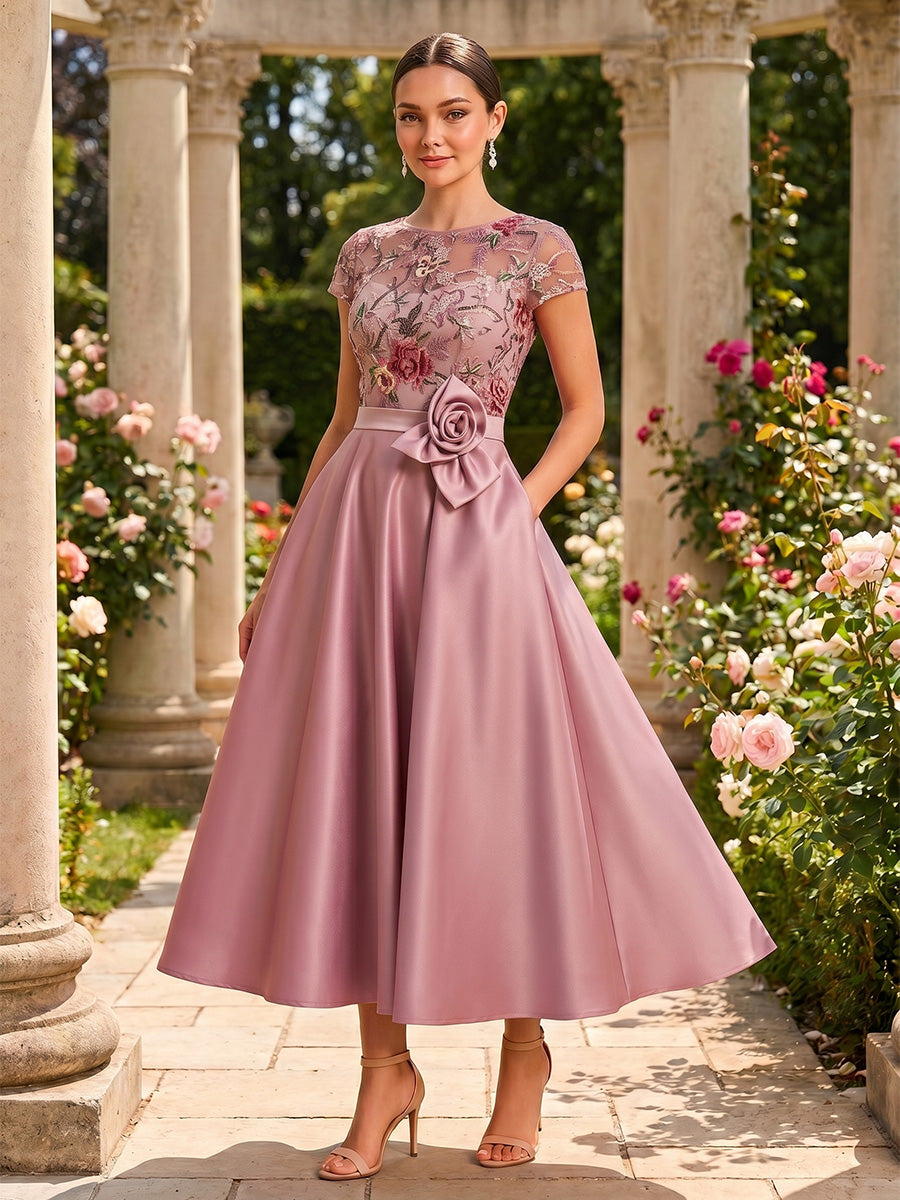 A-Line/Princess Scoop Neck Satin Tea-Length Mother of the Bride & Groom Dresses with Floral Embroidery Bodice & Pockets