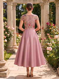A-Line/Princess Scoop Neck Satin Tea-Length Mother of the Bride & Groom Dresses with Floral Embroidery Bodice & Pockets