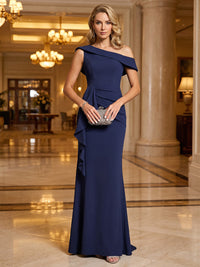 Sheath/Column Off Shoulder Stretch Jersey Floor-Length Mother of the Bride & Groom Dresses with Ruffles