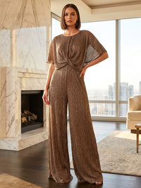 Jumpsuit Scoop Neck Stretch Mesh Floor-Length Mother of the Bride Pantsuits with Ruched Waist