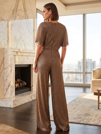 Jumpsuit Scoop Neck Stretch Mesh Floor-Length Mother of the Bride Pantsuits with Ruched Waist