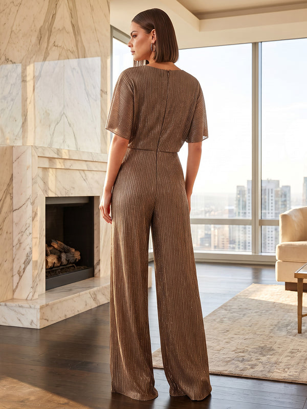 Jumpsuit Scoop Neck Stretch Mesh Floor-Length Mother of the Bride Pantsuits with Ruched Waist