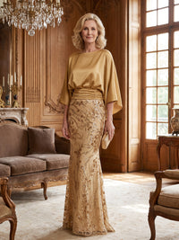 Sheath/Column Lace Appliques Maxi Mother of the Bride & Groom Dresses with Ruched Waist & Satin Bodice