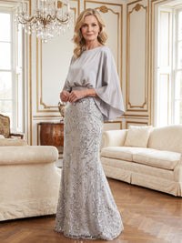 Sheath/Column Lace Appliques Maxi Mother of the Bride & Groom Dresses with Ruched Waist & Satin Bodice