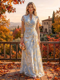 A-Line/Princess V-Neck Jacquard Maxi Mother of the Bride & Groom Dresses with Ruched Waist