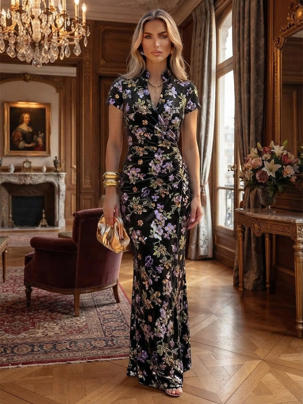 Sheath/Column V-Neck Velvet Maxi Mother of the Bride & Groom Dresses with Ruched Waist
