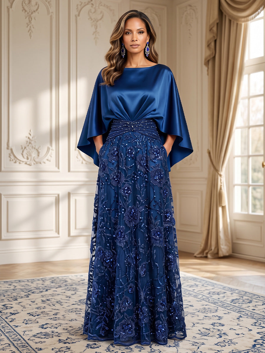A-Line/Princess Scoop Neck Lace Appliques Floor-Length Mother of the Bride & Groom Dresses with Satin Bodice & Pleats