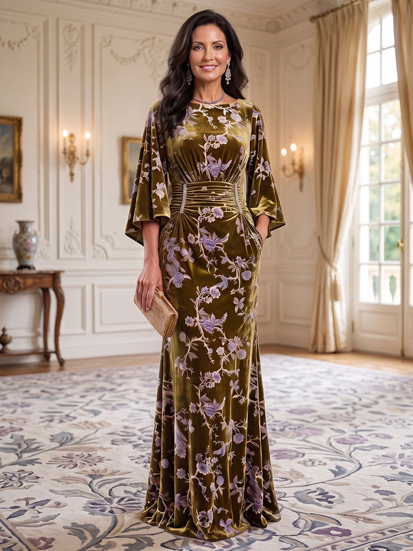 Sheath/Column Scoop Neck Velvet Floor-Length Mother of the Bride & Groom Dresses with Ruched Waist & Pockets