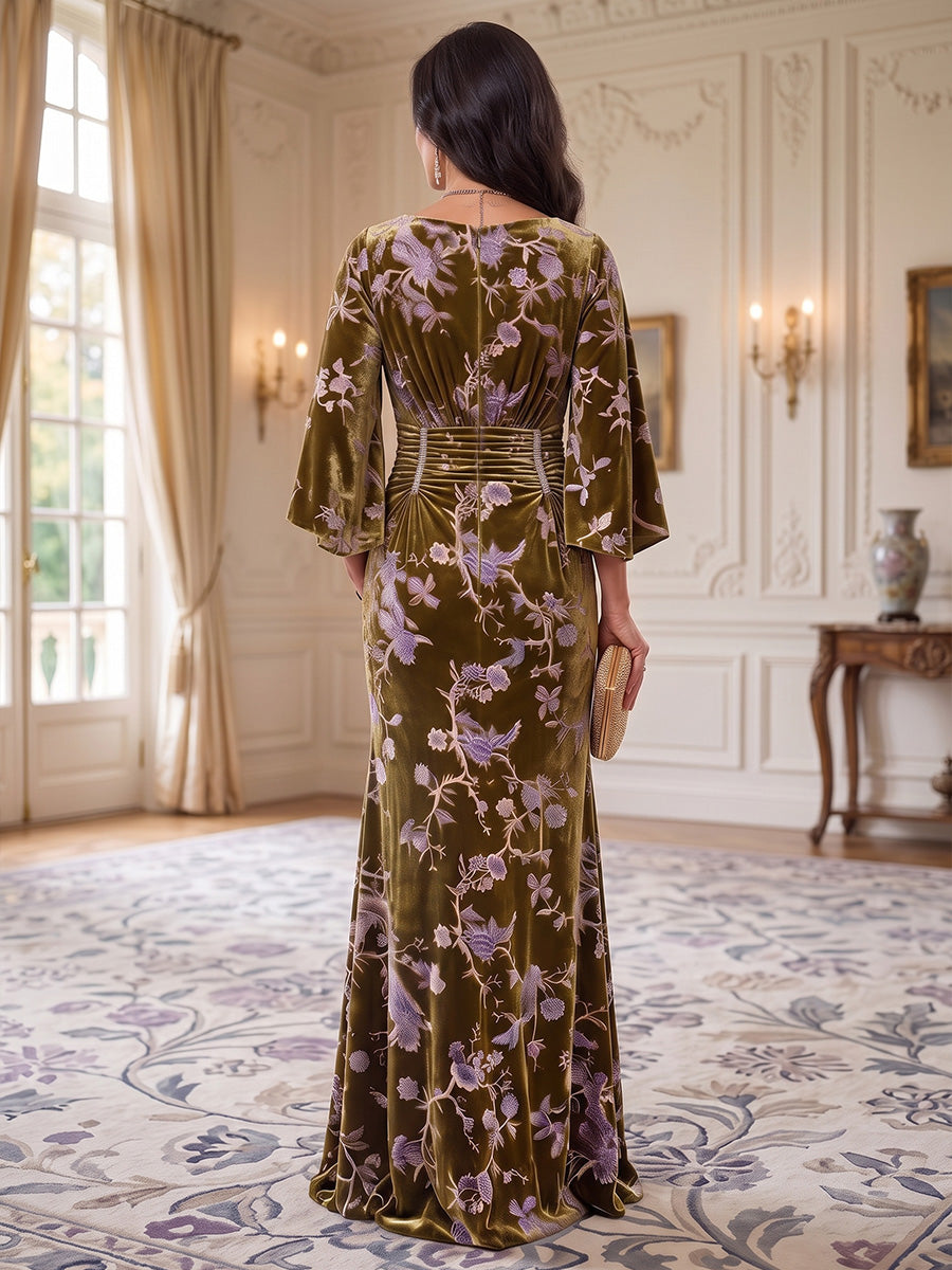 Sheath/Column Scoop Neck Velvet Floor-Length Mother of the Bride & Groom Dresses with Ruched Waist & Pockets