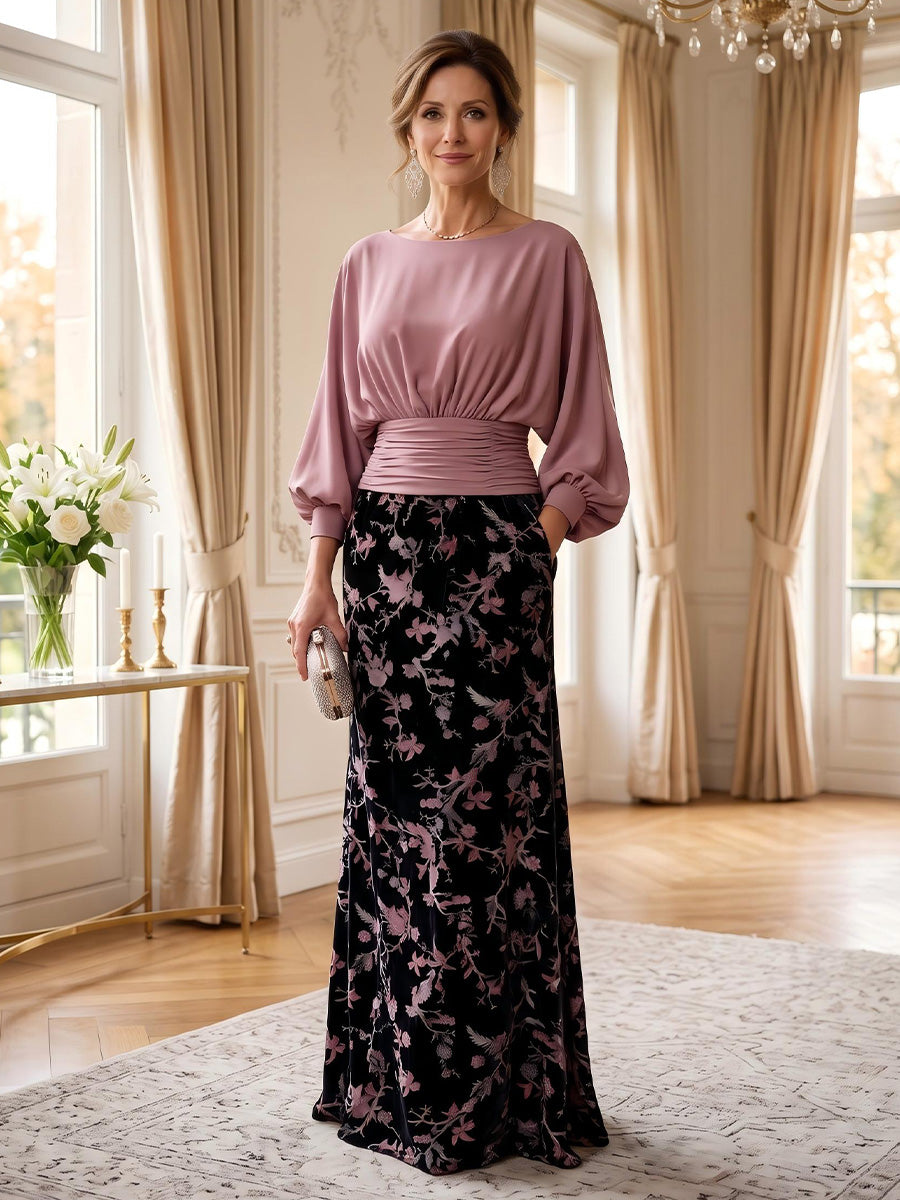Sheath/Column Scoop Neck Velvet Floor-Length Mother of the Bride & Groom Dresses with Ruched Waist & Pockets