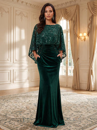Sheath/Column Scoop Neck Velvet Floor-Length Mother of the Bride & Groom Dresses with Lace Appliques Bodice & Ruched Waist
