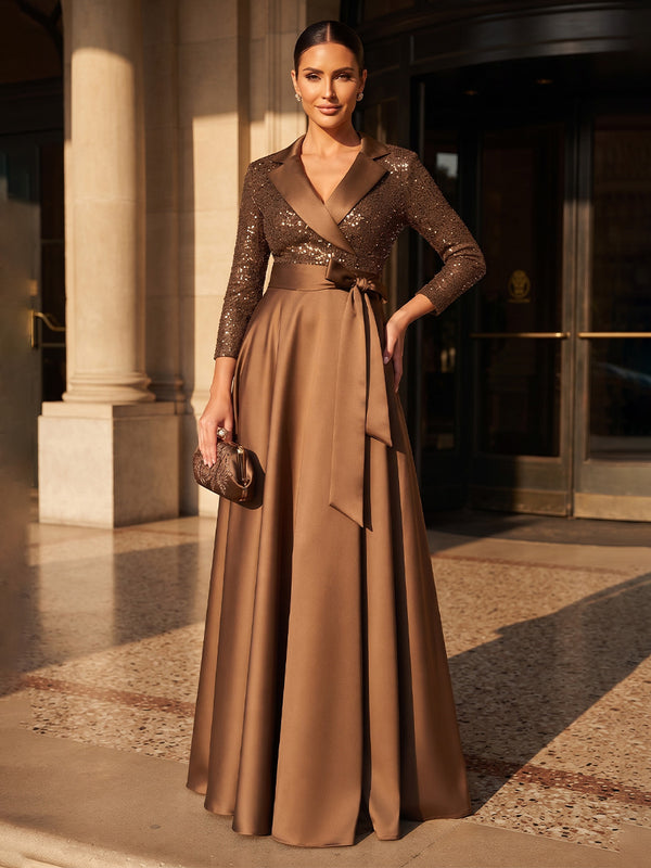 A-Line/Princess V-Neck Satin Floor-Length Mother of the Bride & Groom Dresses with Sequin, Belt & Pleats
