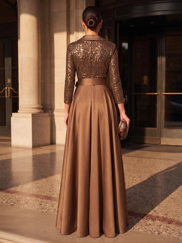 A-Line/Princess V-Neck Satin Floor-Length Mother of the Bride & Groom Dresses with Sequin, Belt & Pleats