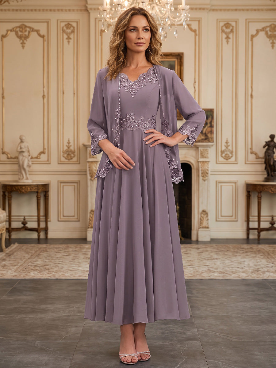 A-Line/Princess V-Neck Chiffon Floor-Length Mother of the Bride & Groom Dresses with Bolero Jacket, Sequin, Pleats & Lace Appliques