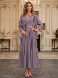A-Line/Princess V-Neck Chiffon Floor-Length Mother of the Bride & Groom Dresses with Bolero Jacket, Sequin, Pleats & Lace Appliques