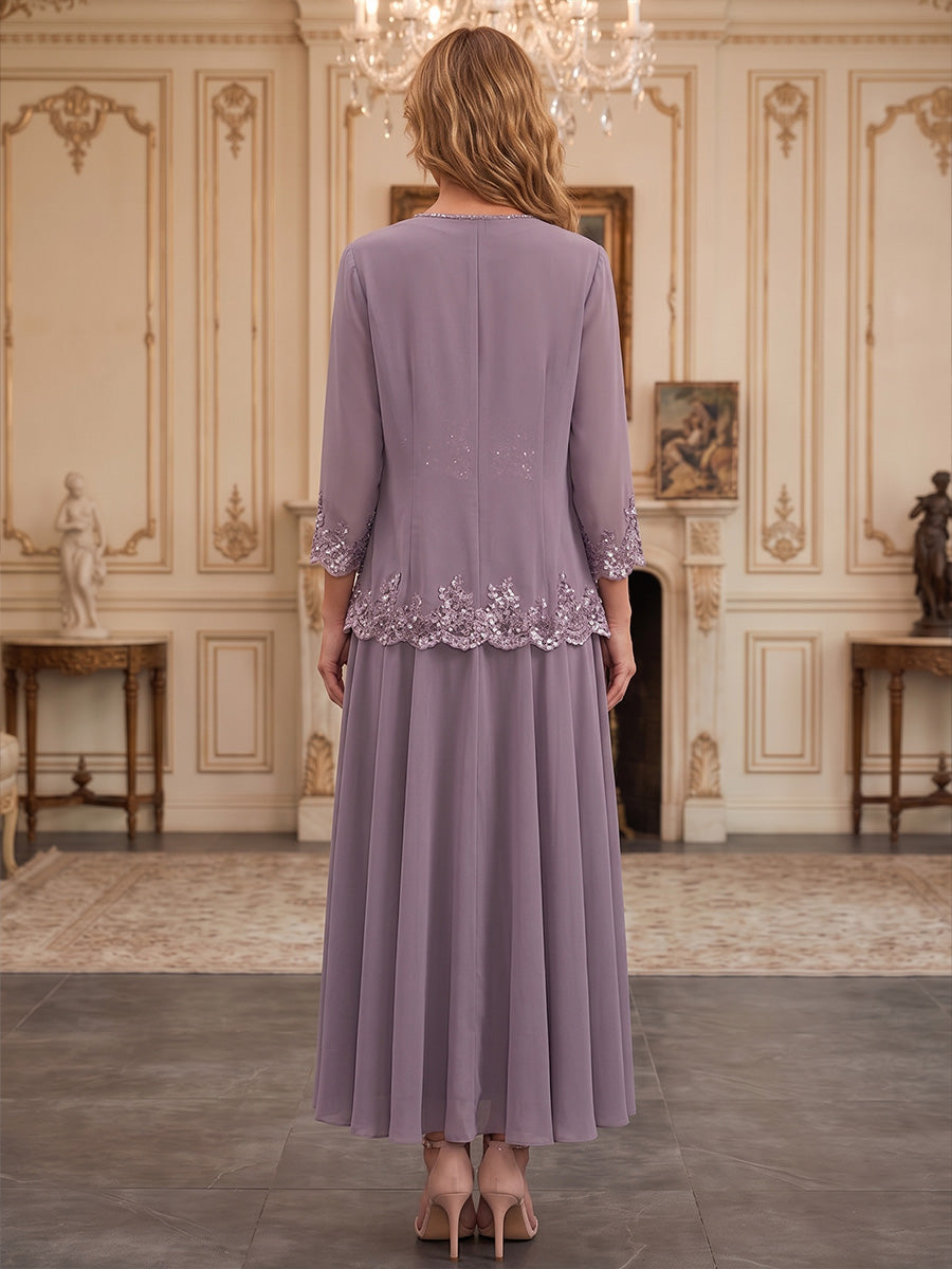 A-Line/Princess V-Neck Chiffon Floor-Length Mother of the Bride & Groom Dresses with Bolero Jacket, Sequin, Pleats & Lace Appliques