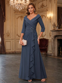 A-Line/Princess V-Neck Chiffon Floor-Length Mother of the Bride & Groom Dresses with Lace Appliques, Sequin & Ruffles