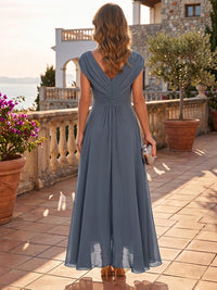 A-Line/Princess V-Neck Chiffon Floor-Length Mother of the Bride & Groom Dresses with Lace Appliques & Ruched Bodice