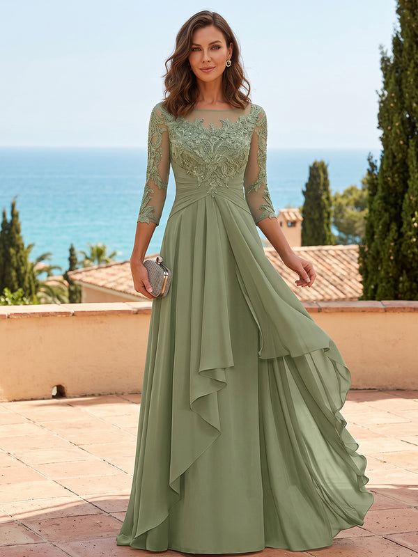A-Line/Princess Scoop Neck Chiffon Floor-Length Mother of the Bride & Groom Dresses with Lace Appliques & Pleats