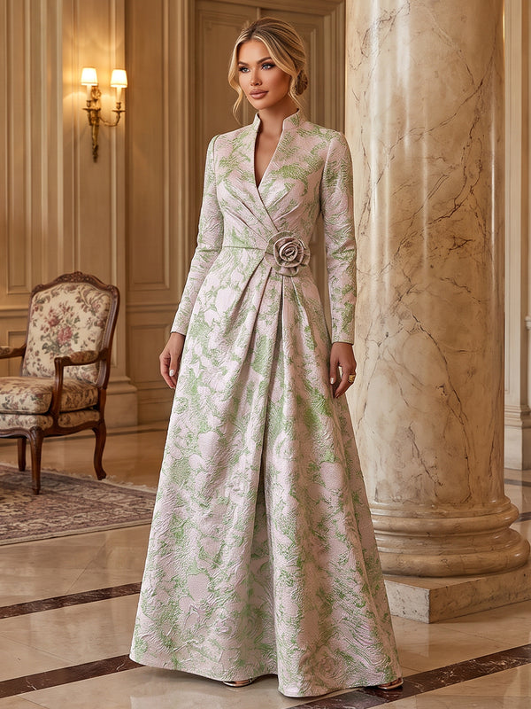 A-Line/Princess V-Neck Jacquard Maxi Mother of the Bride & Groom Dresses with 3D Flowers & Ruched Waist