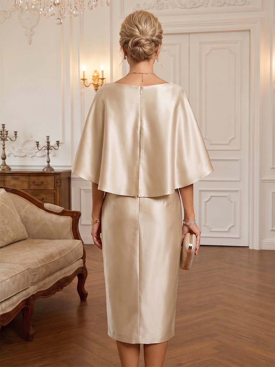 Sheath/Column Scoop Neck Satin Tea-Length Mother of the Bride & Groom Dresses with Ruched Waist