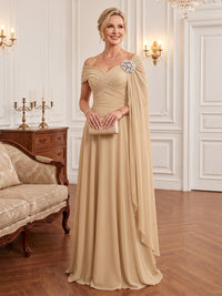 A-Line/Princess Off Shoulder Chiffon Floor-Length Mother of the Bride & Groom Dresses with Pleats
