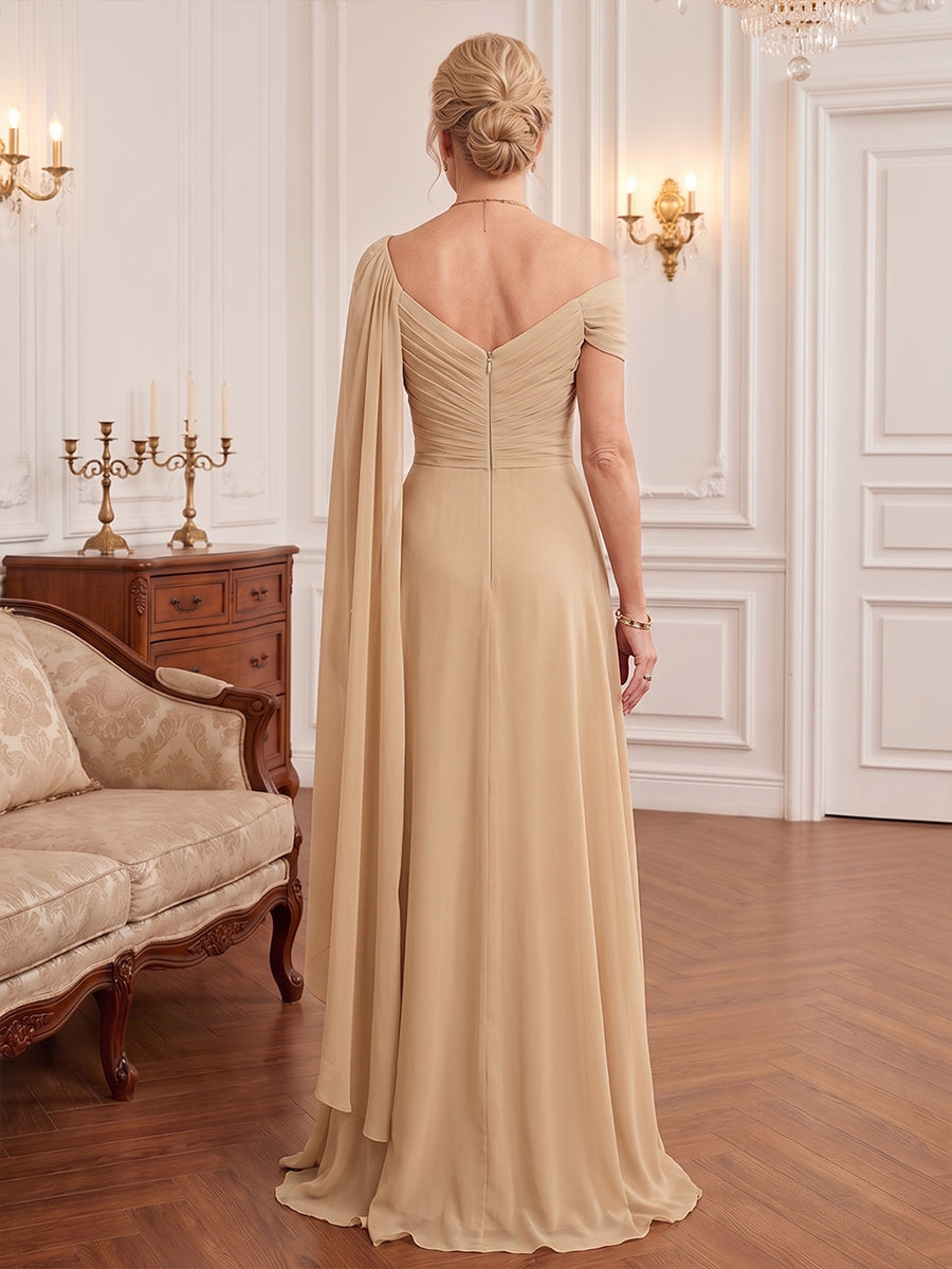 A-Line/Princess Off Shoulder Chiffon Floor-Length Mother of the Bride & Groom Dresses with Pleats