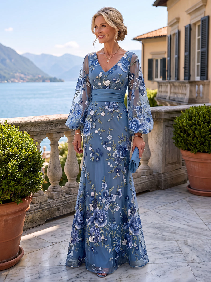 A-Line/Princess V-Neck Floral Embroidery Maxi Mother of the Bride & Groom Dresses with Ruched Waist