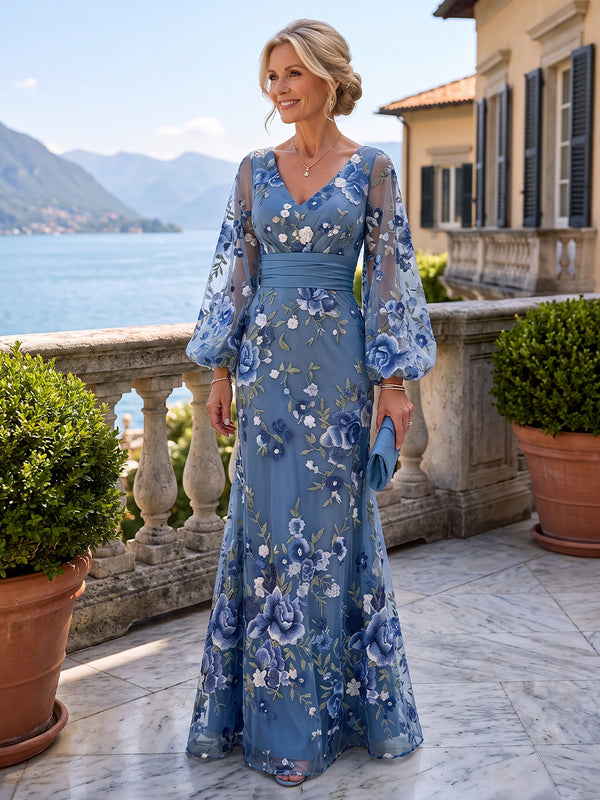 A-Line/Princess V-Neck Floral Embroidery Maxi Mother of the Bride & Groom Dresses with Ruched Waist