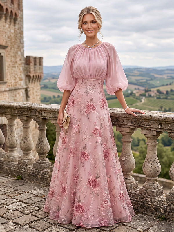 A-Line/Princess Scoop Neck Floral Embroidery Floor-Length Mother of the Bride & Groom Dresses with Ruched Bodice