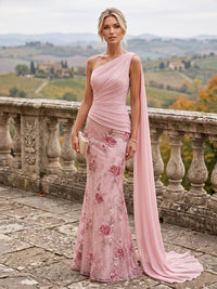 Mermaid/Trumpet One Shoulder Floral Embroidery Maxi Mother of the Bride & Groom Dresses with Side Sash & Ruched Waist
