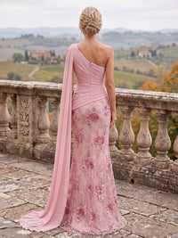 Mermaid/Trumpet One Shoulder Floral Embroidery Maxi Mother of the Bride & Groom Dresses with Side Sash & Ruched Waist
